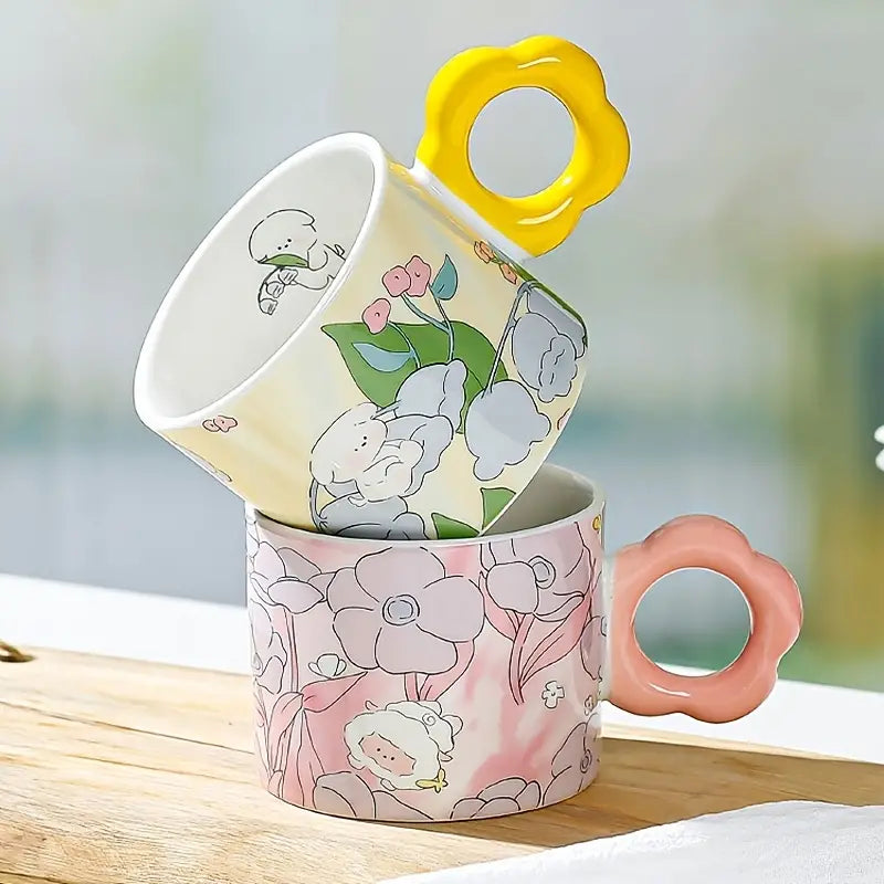 Ceramic Flower Pattern Mug with Spoon for Couples