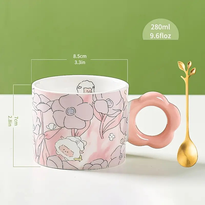 Ceramic Flower Pattern Mug with Spoon for Couples