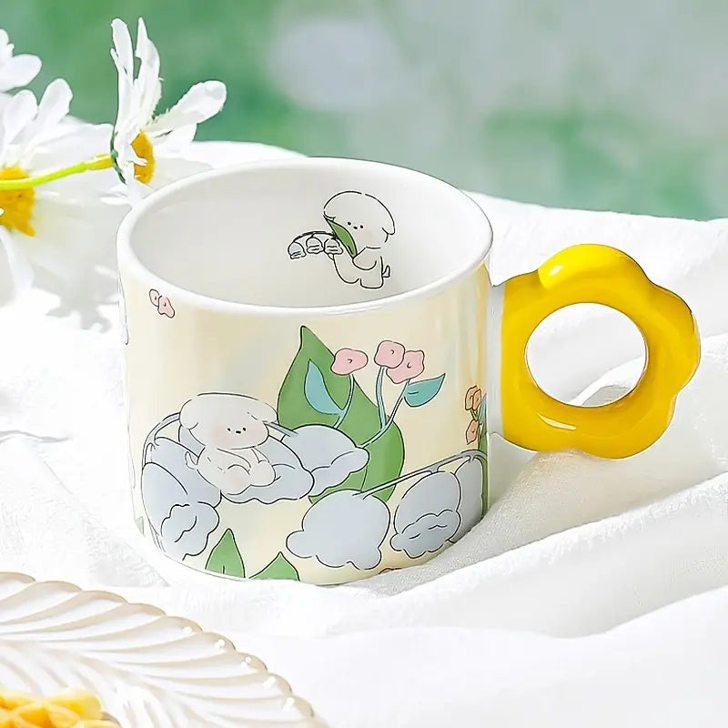 Ceramic Flower Pattern Mug with Spoon for Couples