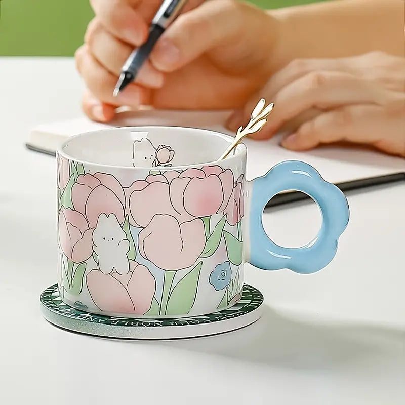 Ceramic Flower Pattern Mug with Spoon for Couples